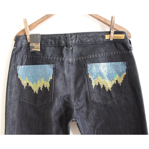 Express NWT Stella Low Rise Bootcut Sequin Embellished Dark Wash Jeans 10 30 - Picture 6 of 9